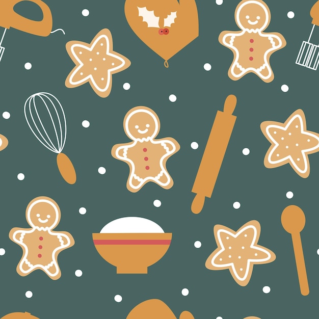 Christmas seamless pattern with holidays gingerbread cookies and kitchen tools