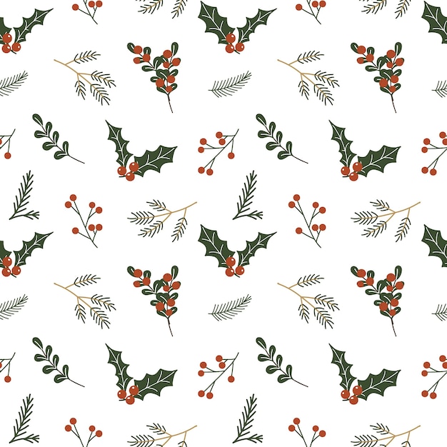 Christmas seamless pattern with holly berries and leaves