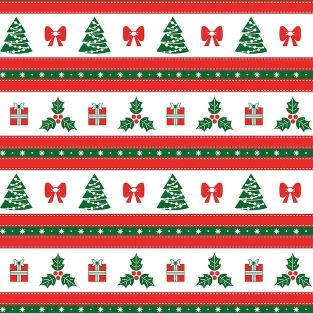 Vector christmas seamless pattern with holly christmas tree gift with horizontal stripes seamless christmas border