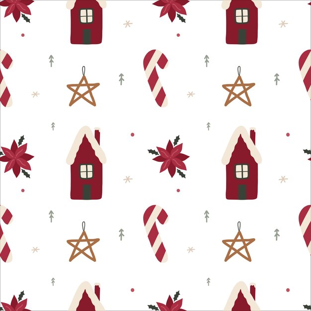 Christmas seamless pattern with house tree mistletoe candy star and poinsettia Vector graphic