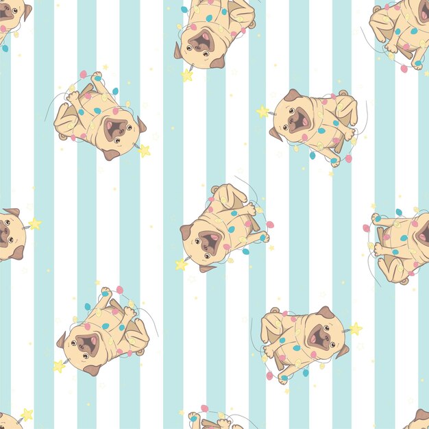 Christmas seamless pattern with the image of little cute puppies in the hat of Santa Claus Children's vector background