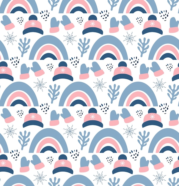 Christmas seamless pattern with mittens, hats, branches and snowflakes. Perfect for wallpaper, gift paper, pattern fills, textile, Christmas and New Year greetings cards