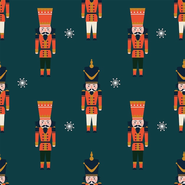 Vector christmas seamless
 pattern with nutcrackers and snowflakes.