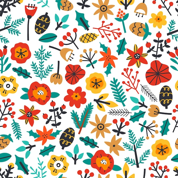 Christmas seamless pattern with plant elements and flowers hand drawn vector illustration
