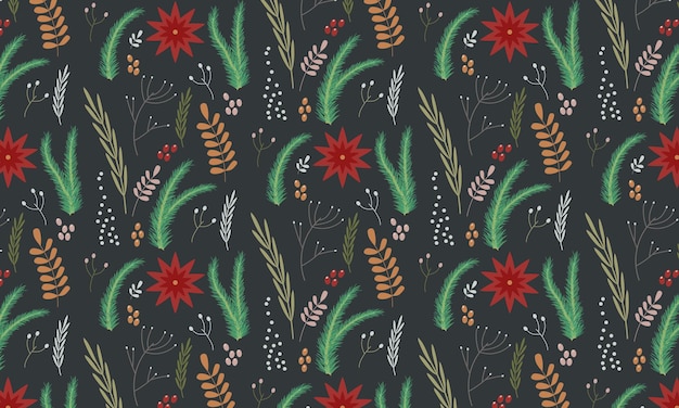 Christmas seamless pattern with plants, fir branches and poinsettia flowers, ornament for gift paper