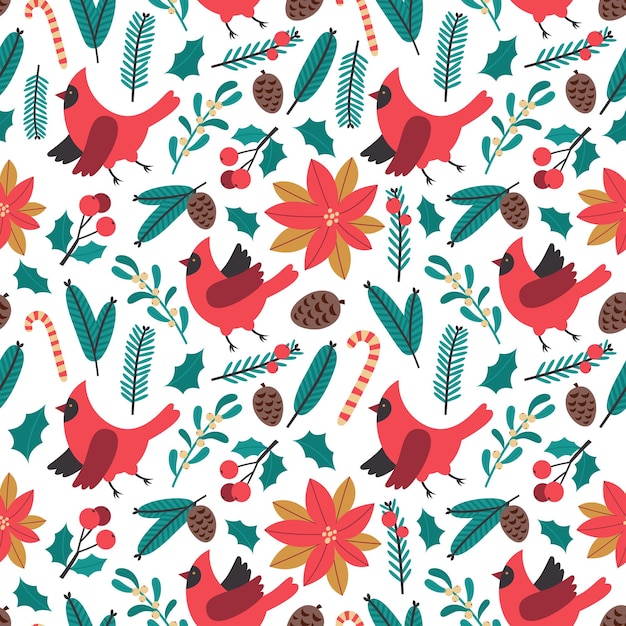 Christmas seamless pattern with poinsettia, holly, cones, mistletoe, fir-tree, red cardinals birds.vector  illustration.holiday design for greeting cards, wrapping paper, textile, fabrics, stationery.