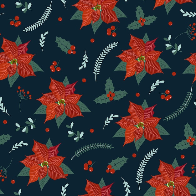 Vector christmas seamless pattern with poinsettia plant