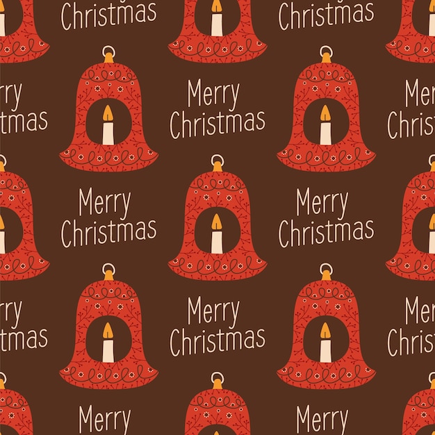 Christmas seamless pattern with red christmas tree toys and candles Cute holiday wallpaper background with decorative elements Stock vector illustration on dark background