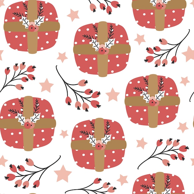 christmas seamless pattern with red gift boxes, stars and branches with berries