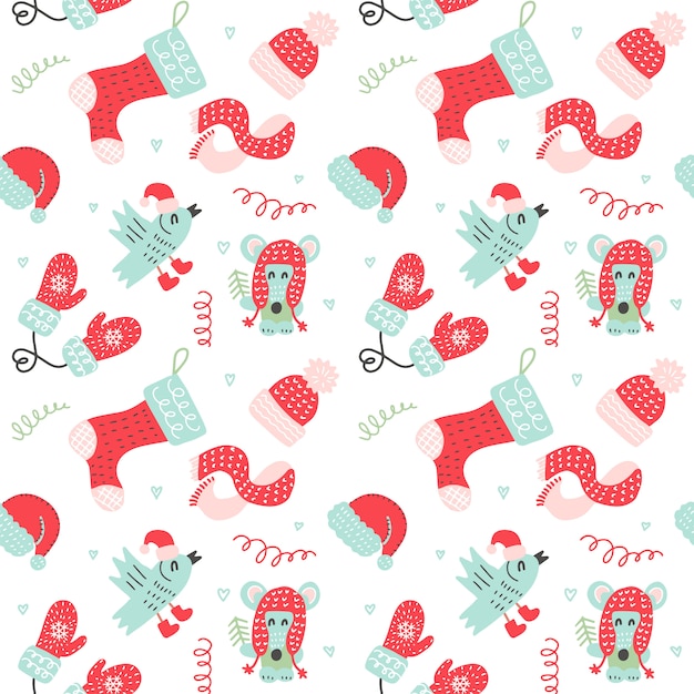 Christmas Seamless pattern with red mittens, socks, hats and cute cartoon animals in warm clothes