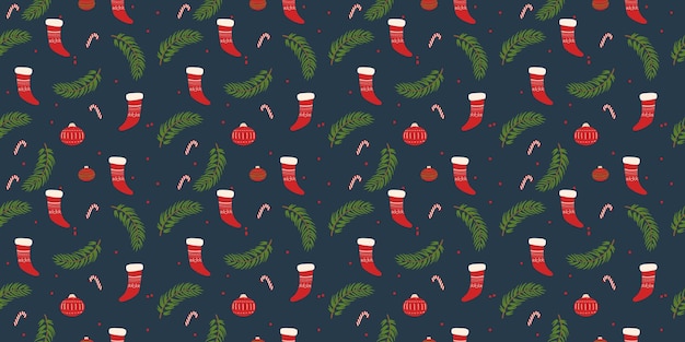ベクトル 赤い靴下と松の枝のクリスマス・シームレス・パターン