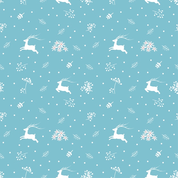 Рождественский бесшовный узор с оленями и еловыми ветками на мягком синем