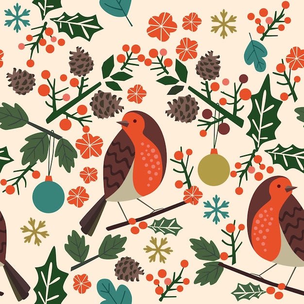 Christmas seamless pattern with Robin birds flowers leaves  and decoration