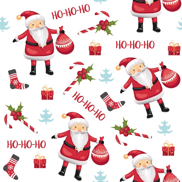 Рождественский фон с санта-клаусом, конфетами, носками, омелой, рождественской елкой и подарками на белом фоне. векторная иллюстрация