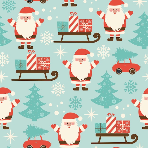 Christmas seamless pattern with Santa Claus car and gifts Children's winter background