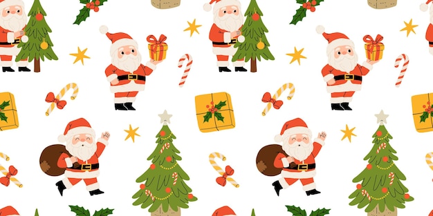 christmas seamless pattern with santa claus christmas tree presents and sweets flat cartoon illustration for wrapping paper textile background