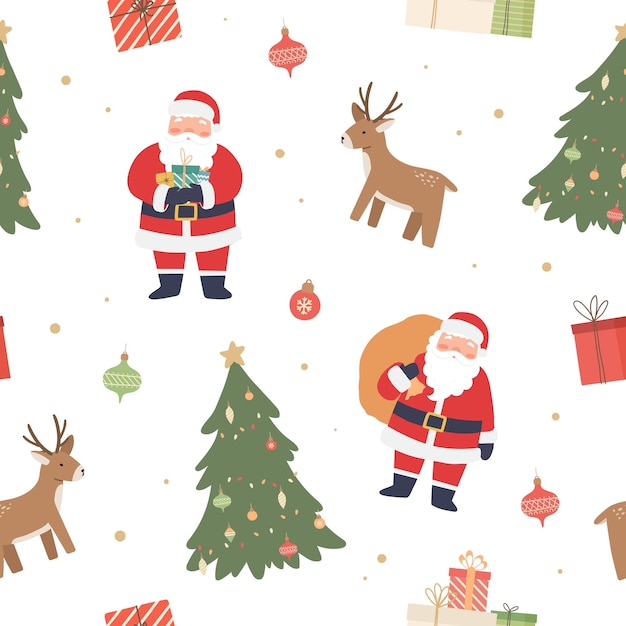 Christmas seamless pattern with Santa Claus, deer, Xmas tree, gift boxes on white background