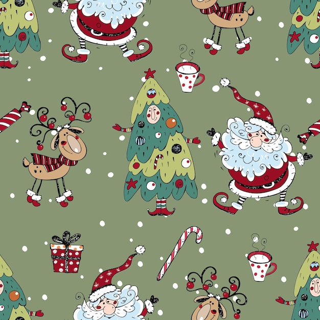 Christmas seamless pattern with santa claus snowman and christmas tree doodle style vector