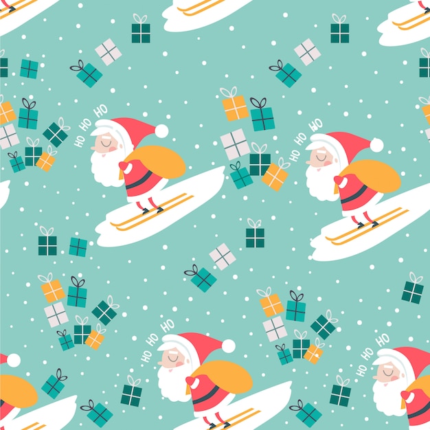 Christmas seamless pattern with santa and gifts blue background.