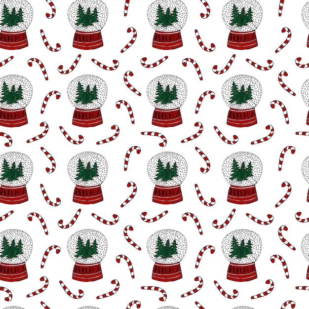 Christmas seamless pattern with snow balls and candy cane Crystal ball with sweet candy cane