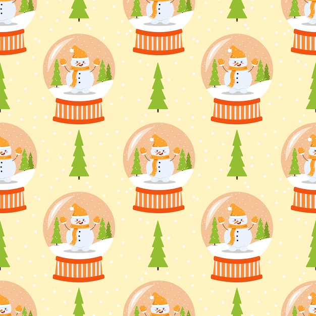 Christmas seamless pattern with snowball globe and pine trees