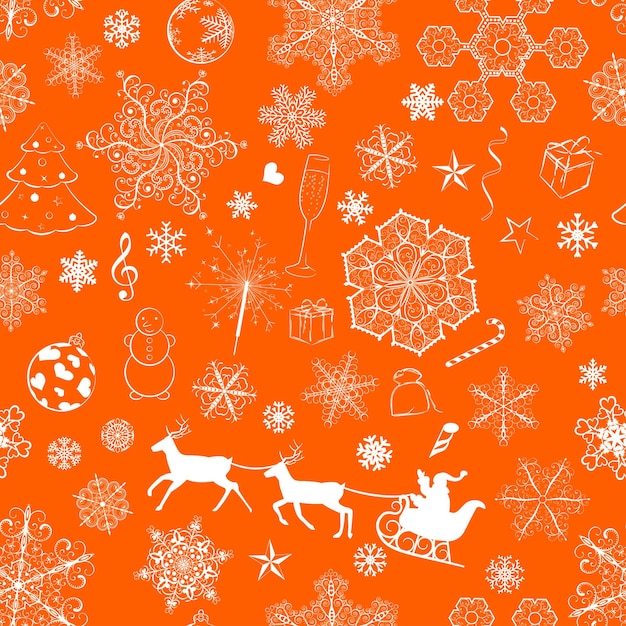 Рождественский фон со снежинками и рождественскими символами на оранжевом фоне