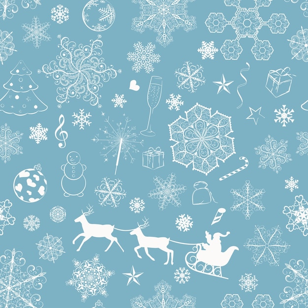 Christmas seamless pattern with snowflakes and xmas symbols on turquoise background