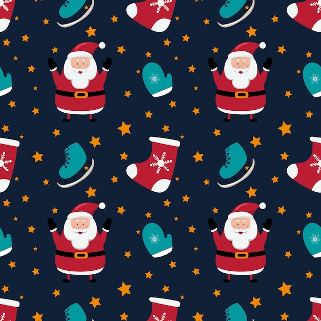 Вектор Рождественский фон со снеговиком, санта-клаусом и носками и коньками на синем фоне