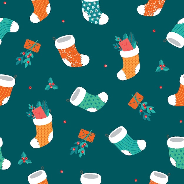 Christmas seamless pattern with socks and mistletoe.