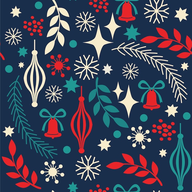 Vector christmas seamless pattern with spruce branches bell decorations leaves ane berries o