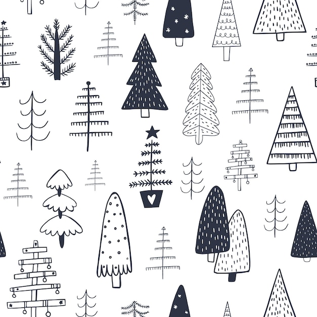 白い背景の上のツリーとクリスマスのシームレスなパターン青いクリスマスツリーモダンな背景