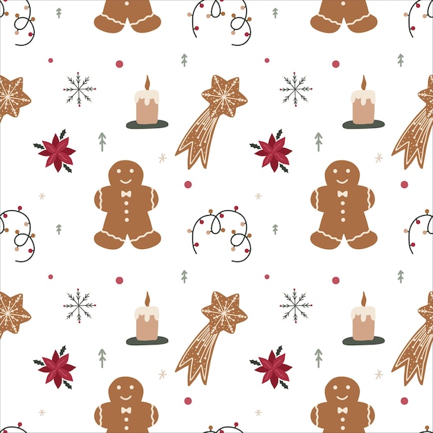 벡터 크리스마스 트리 눈송이 선물 화환 쿠키 포인세티아와 촛불 벡터 원활한 패턴