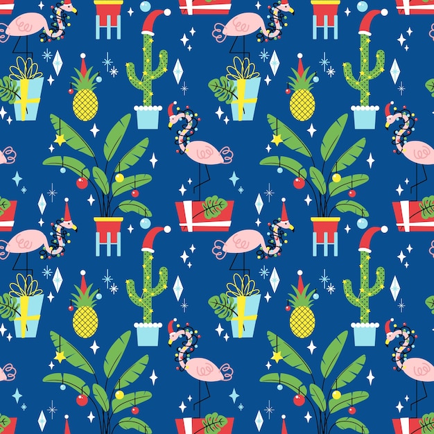 Vector christmas seamless pattern with tropical plants and flamingos in hats. hand drawn vector background.