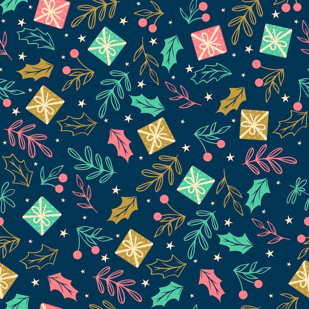 Vector christmas seamless pattern with twigs berries leaves and gift boxes