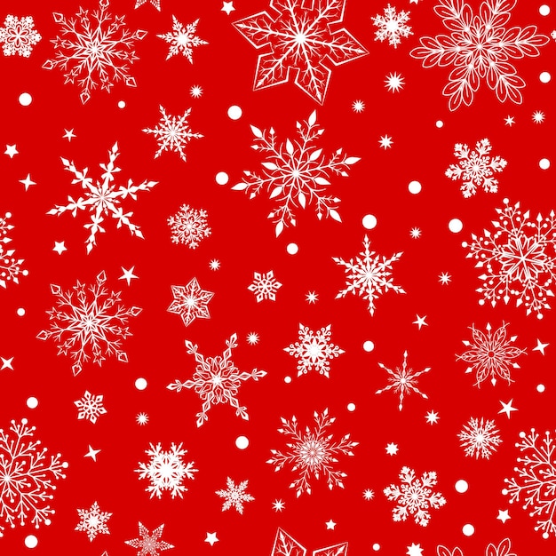 Рождественский фон с различными сложными большими и маленькими снежинками, белыми на красном фоне