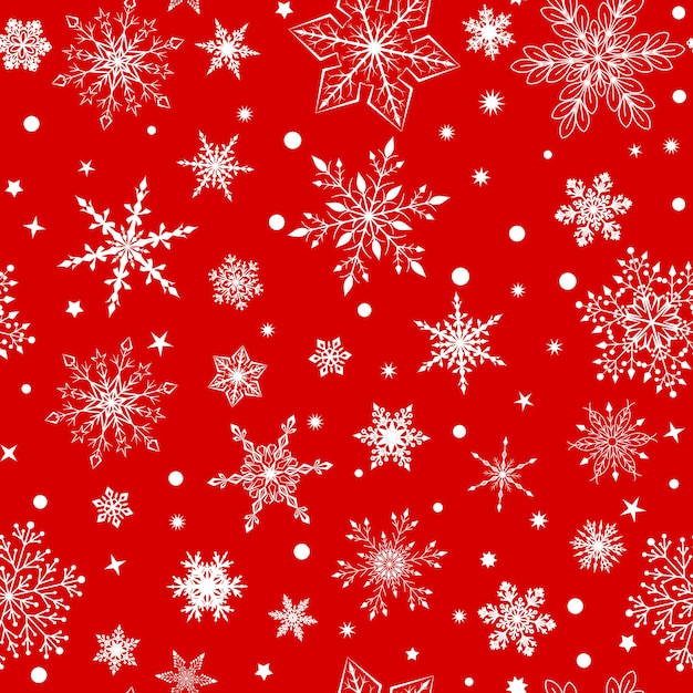 Christmas seamless pattern with various complex big and small snowflakes, white on red background