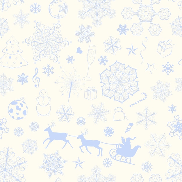 Christmas seamless pattern with violet snowflakes and xmas symbols