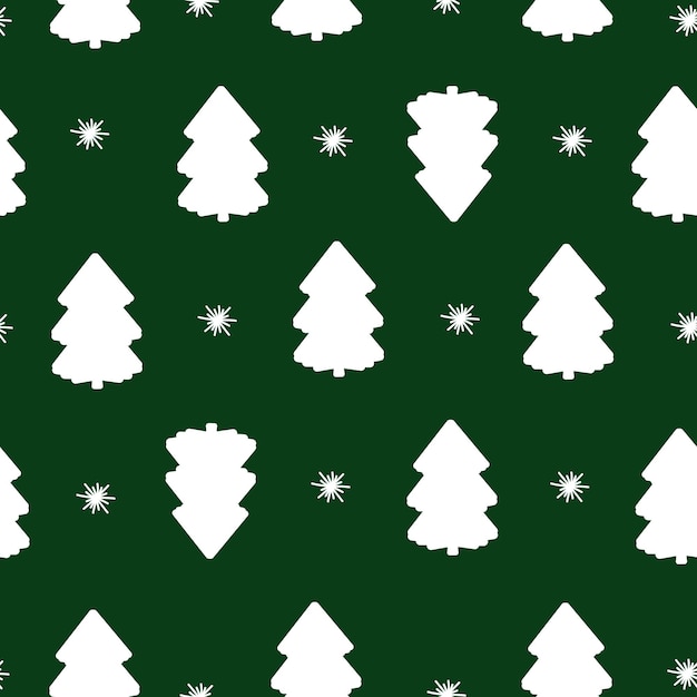 Рождественский бесшовный узор с белыми елками и снежинками