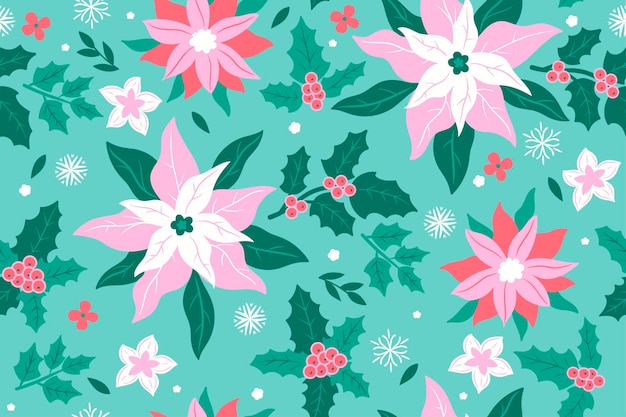 Christmas seamless pattern with winter flora and snowflakes vector graphics