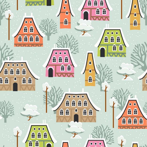 Vector christmas seamless pattern with winter houses trees and other elements