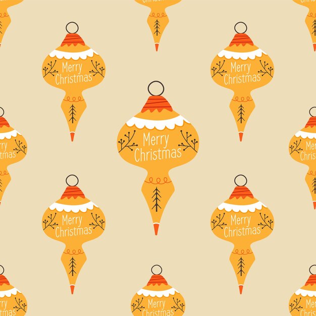 Christmas seamless pattern with yellow christmas tree toys and merry christmas quotes Cute holiday wallpaper background with decorative elements Stock vector illustration on light background