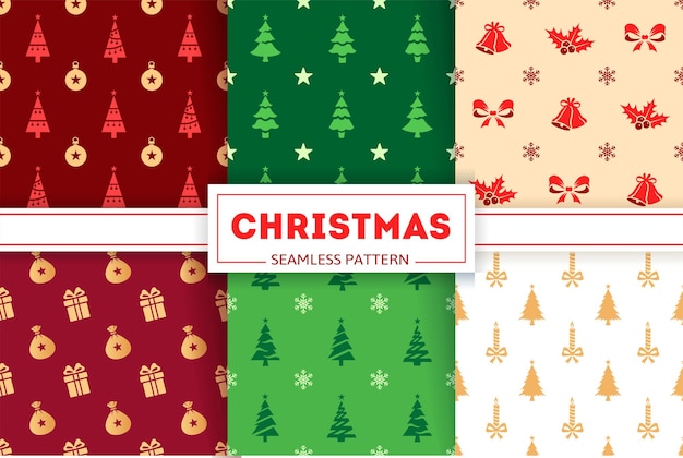 Christmas seamless patterns collection. Icons and silhouettes of Christmas balls, Christmas trees, snowflakes and candies. Colorful Illustrations of bells, gift boxes and bows. Christmas textures