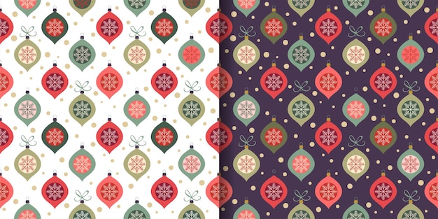 Vector christmas seamless patterns set with seasonal decorations, winter design for gift paper, wallpaper