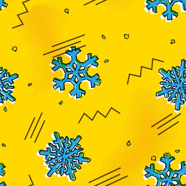 Christmas seamless snowflakes pattern with memphis styled snow stars for holiday ornaments corporate greeting prints and xmas greeting cards