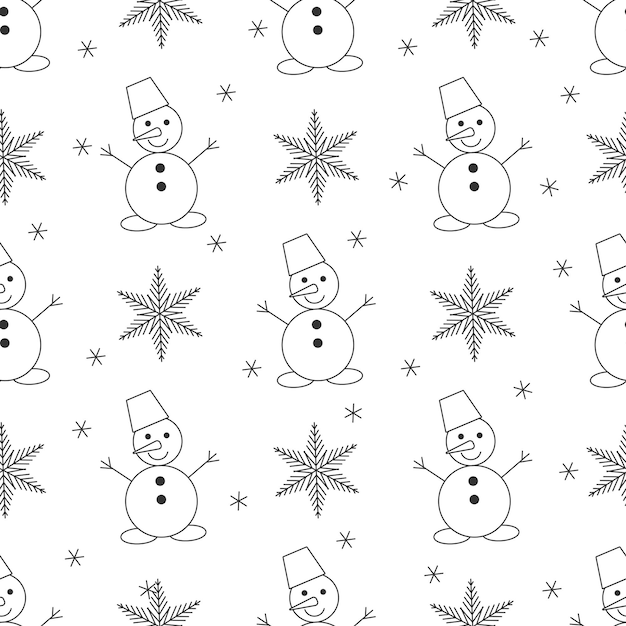 Рождественский бесшовный векторный рисунок Иллюстрация плоского снеговика и снежинки Отлично подходит для упаковки бумаги и обоев