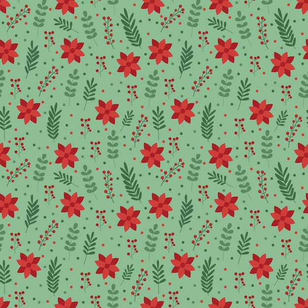 Christmas  seamless vector pattern with leaves and flowers in green and red colors