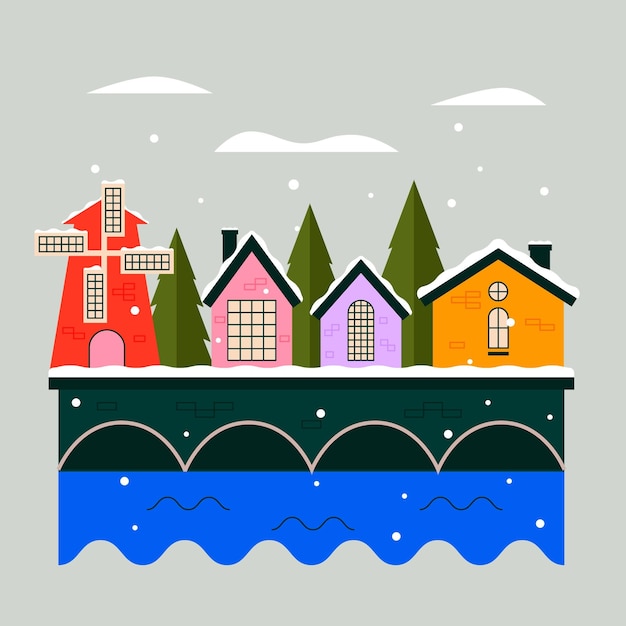 Vector christmas season celebration village illustration