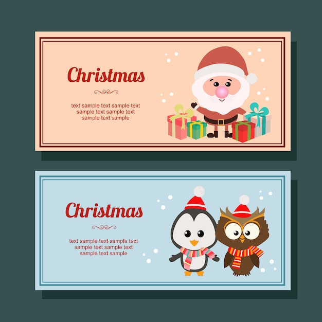 Christmas season decoration horizontal banner owl penguin