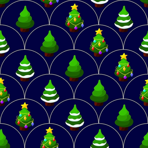 Motivo senza giunture per la stagione natalizia cartoon sfondo vettoriale disegno di carta da imballaggio o scrapbook con albero di pino natalizio