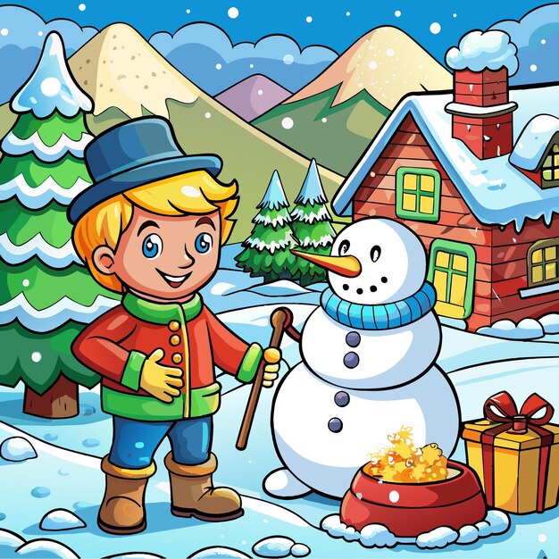 Вектор Рождественский сезон с детьми в рождественских костюмах и снеговиком, нарисованным вручную.